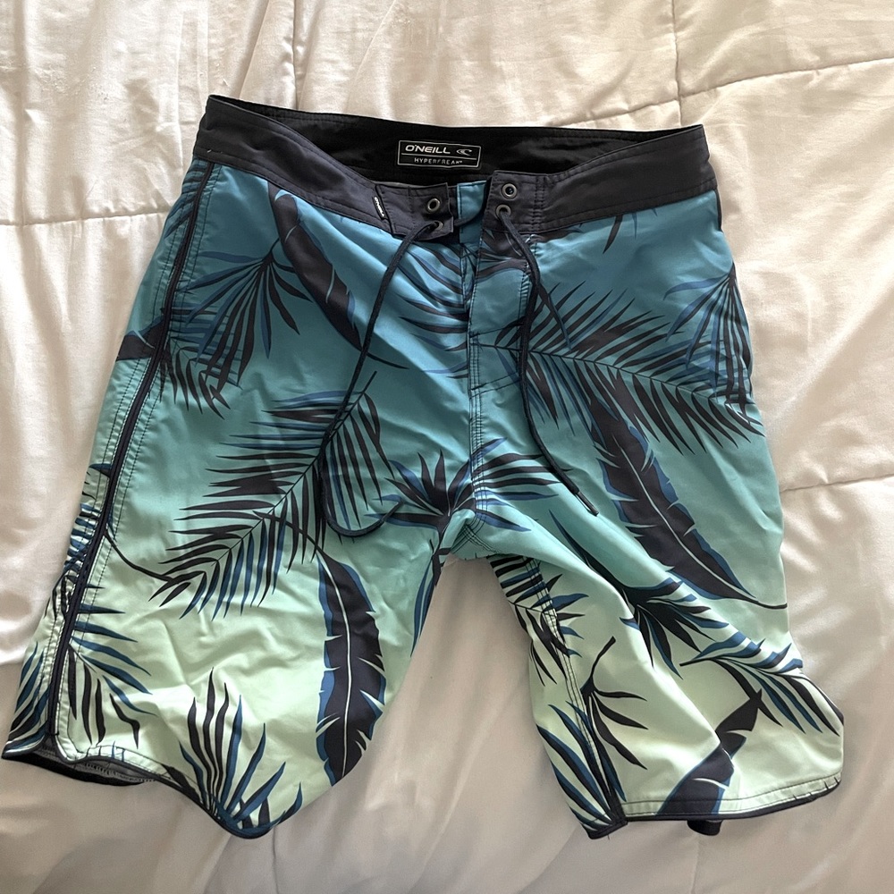 O’Neil board shorts, size 28 blue green
